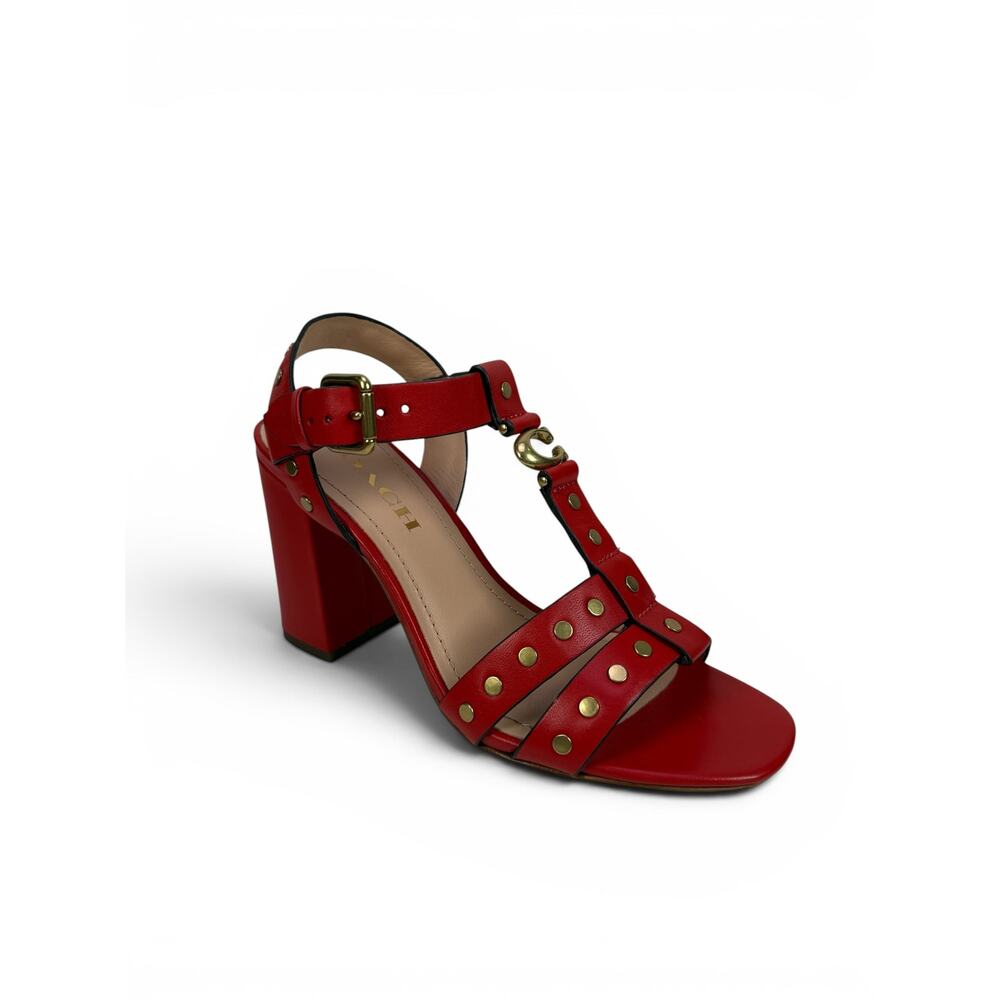Coach Margaret Sandal Womens 6 Red Leather Studded Block Heel Ankle Strap